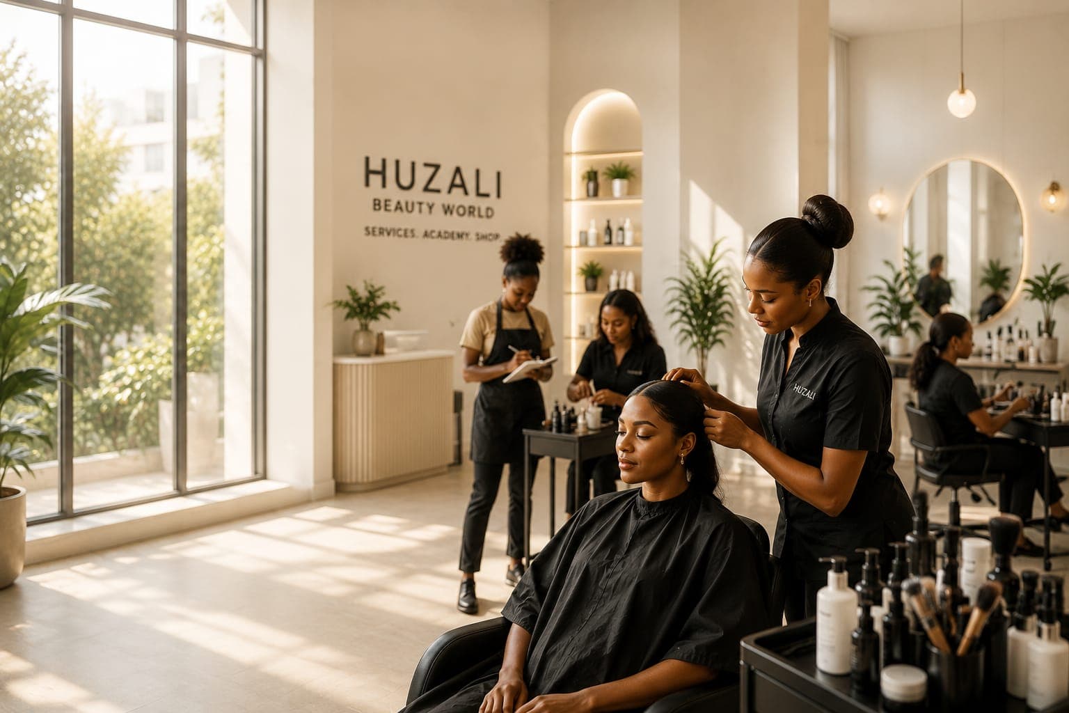 A Huzali beauty professional serving a client in a modern beauty studio