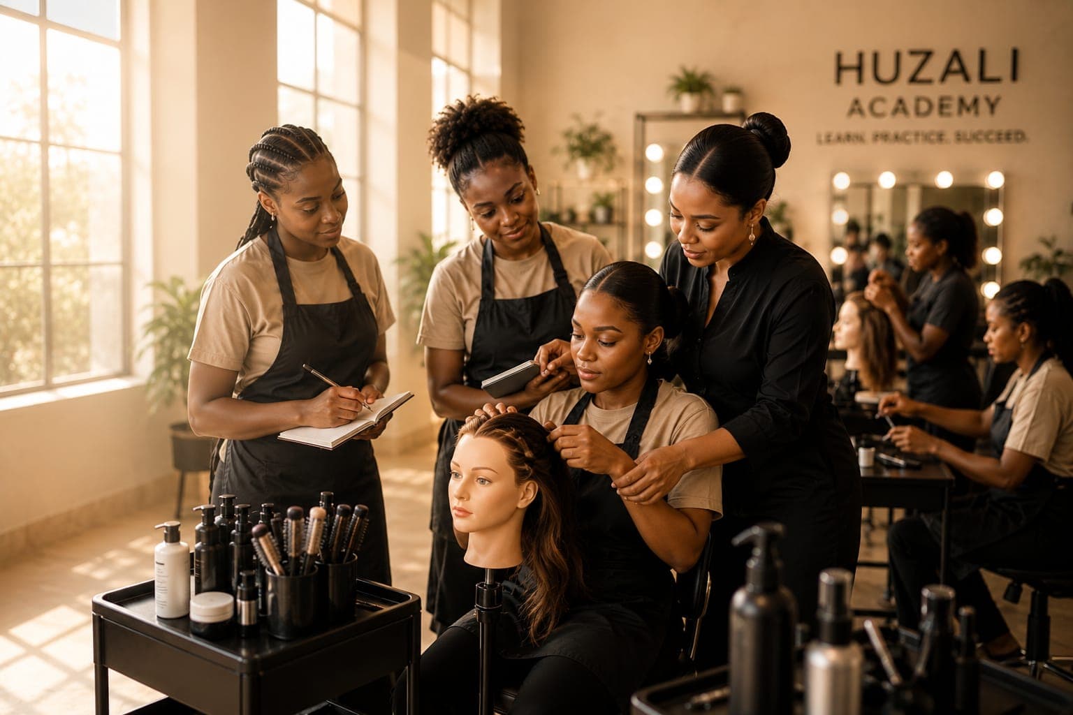 Students receiving practical beauty training at Huzali Academy
