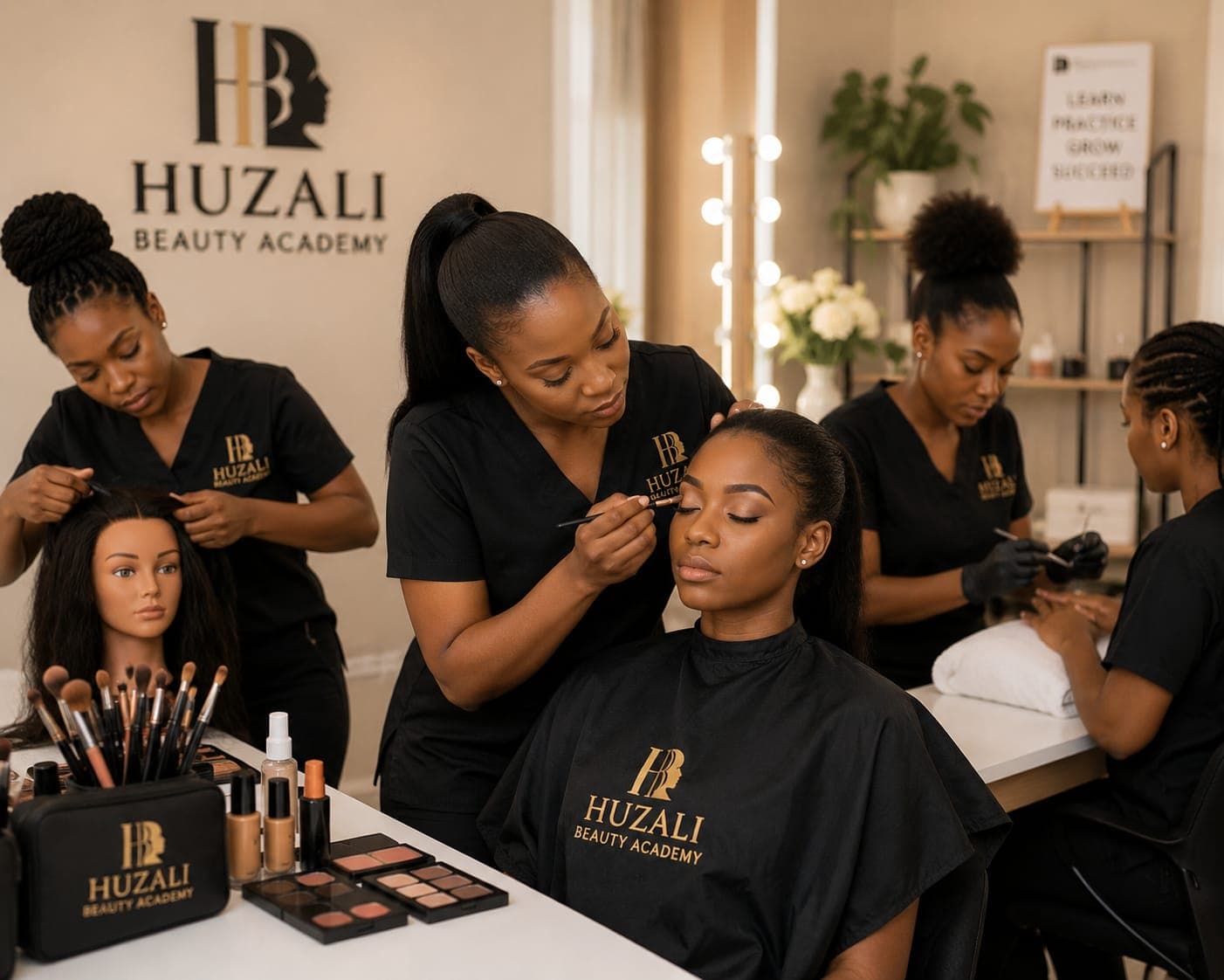 Students receiving practical beauty training at Huzali Academy